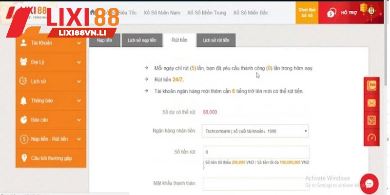 Chọn phương thức rút tiền tại Lixi88 phù hợp theo nhu cầu